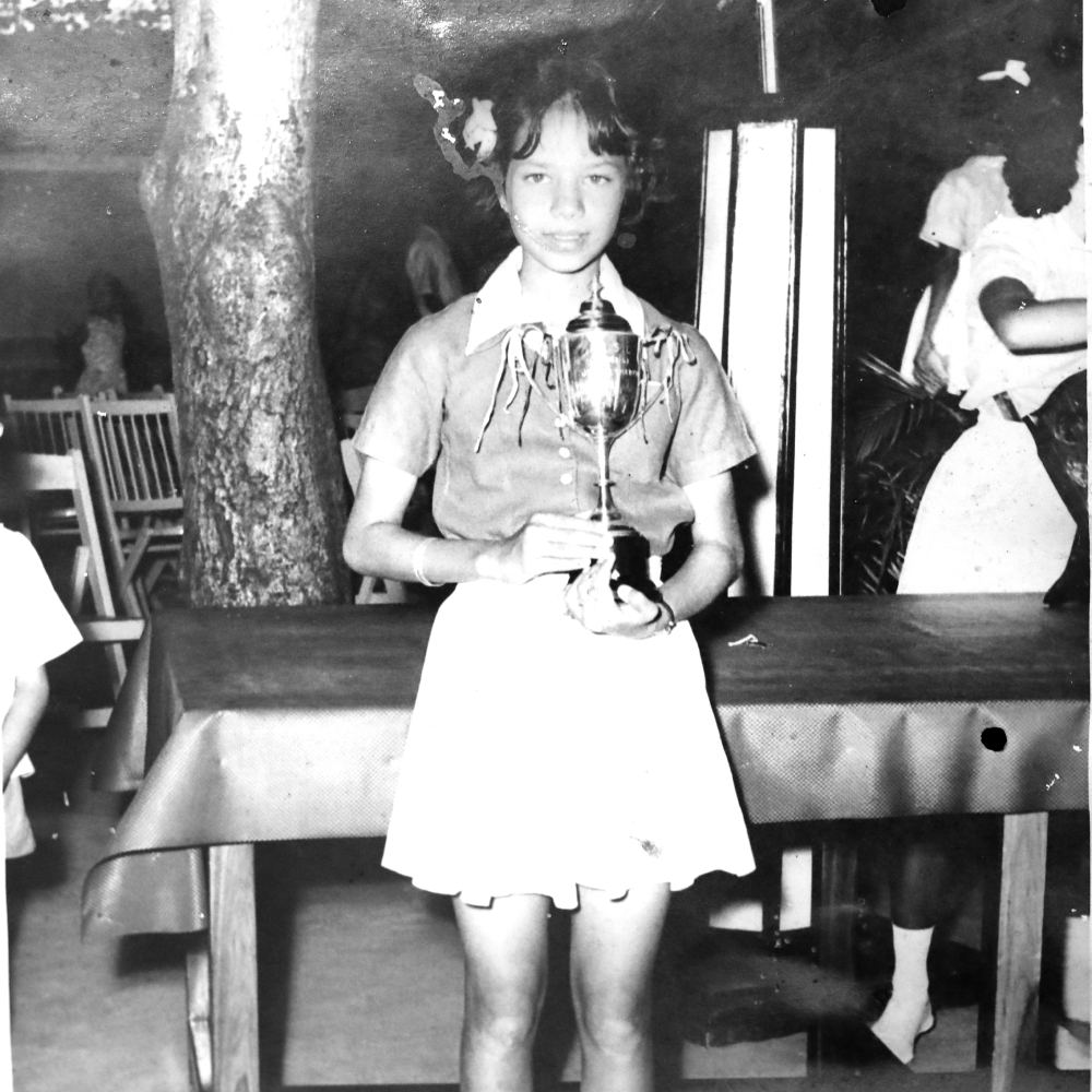 A young Mrs. C. Prema Kumar, winning the Under 16, State Swimming Championships